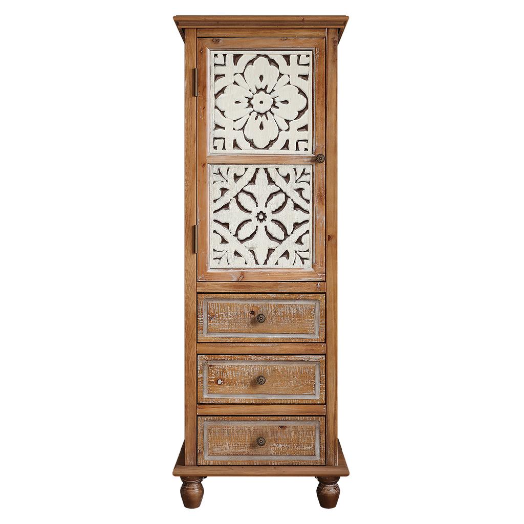 Rustic Wooden Storage Cabinet with Decorative Cutout Door & 3 Drawers