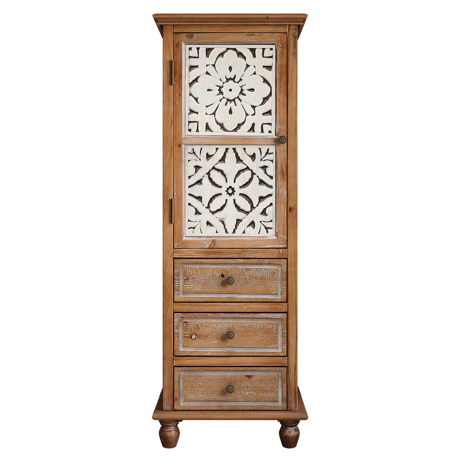 Rustic Wooden Storage Cabinet with Decorative Cutout Door & 3 Drawers