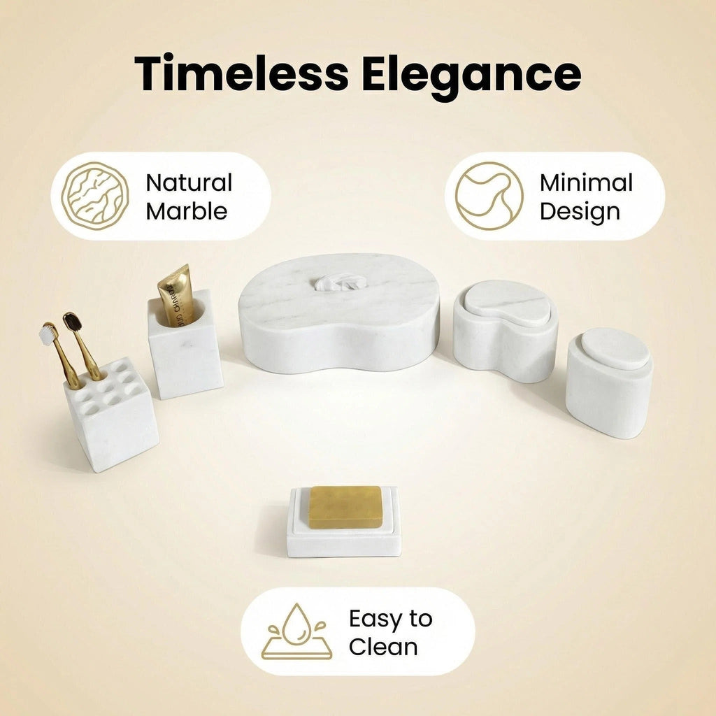 White Natural Marble 6-Piece Bathroom Accessories Set, Honed Finish