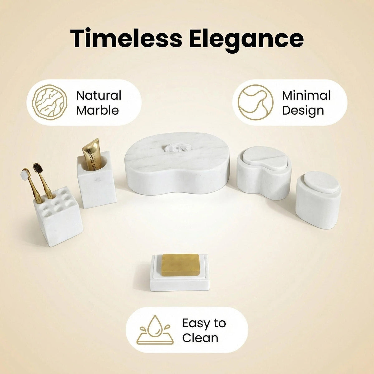 White Natural Marble 6-Piece Bathroom Accessories Set, Honed Finish