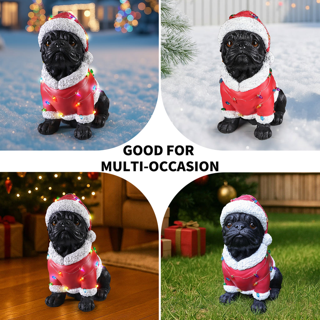 Christmas Pug Statue, Holiday Dog Figurine in Santa Outfit