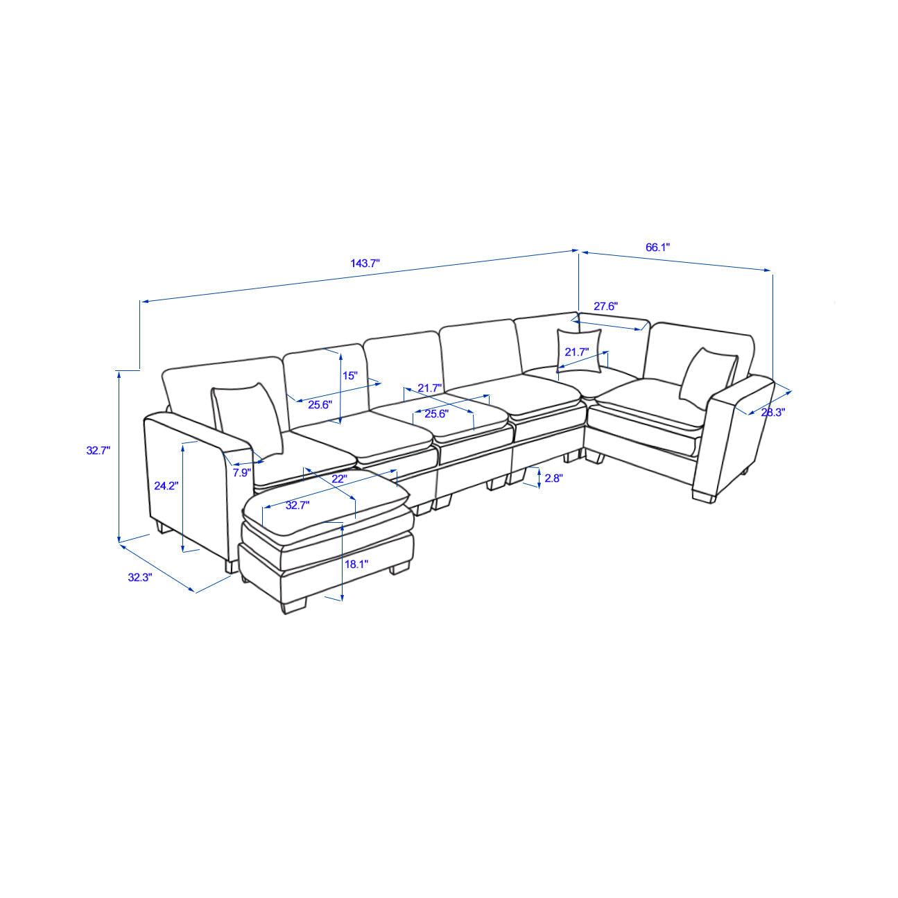 Modern U Shaped 6-Seat Sectional Sofa with Ottoman