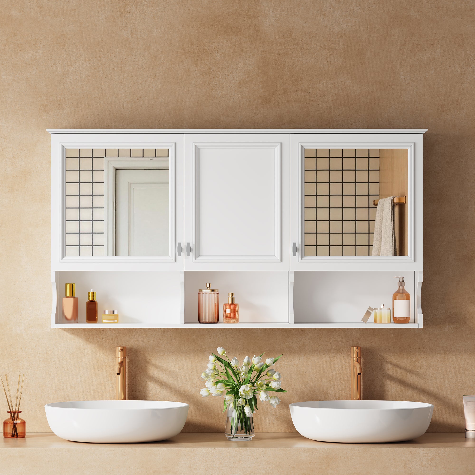 55 Inch Mirror Medicine Cabinet with Open Shelves
