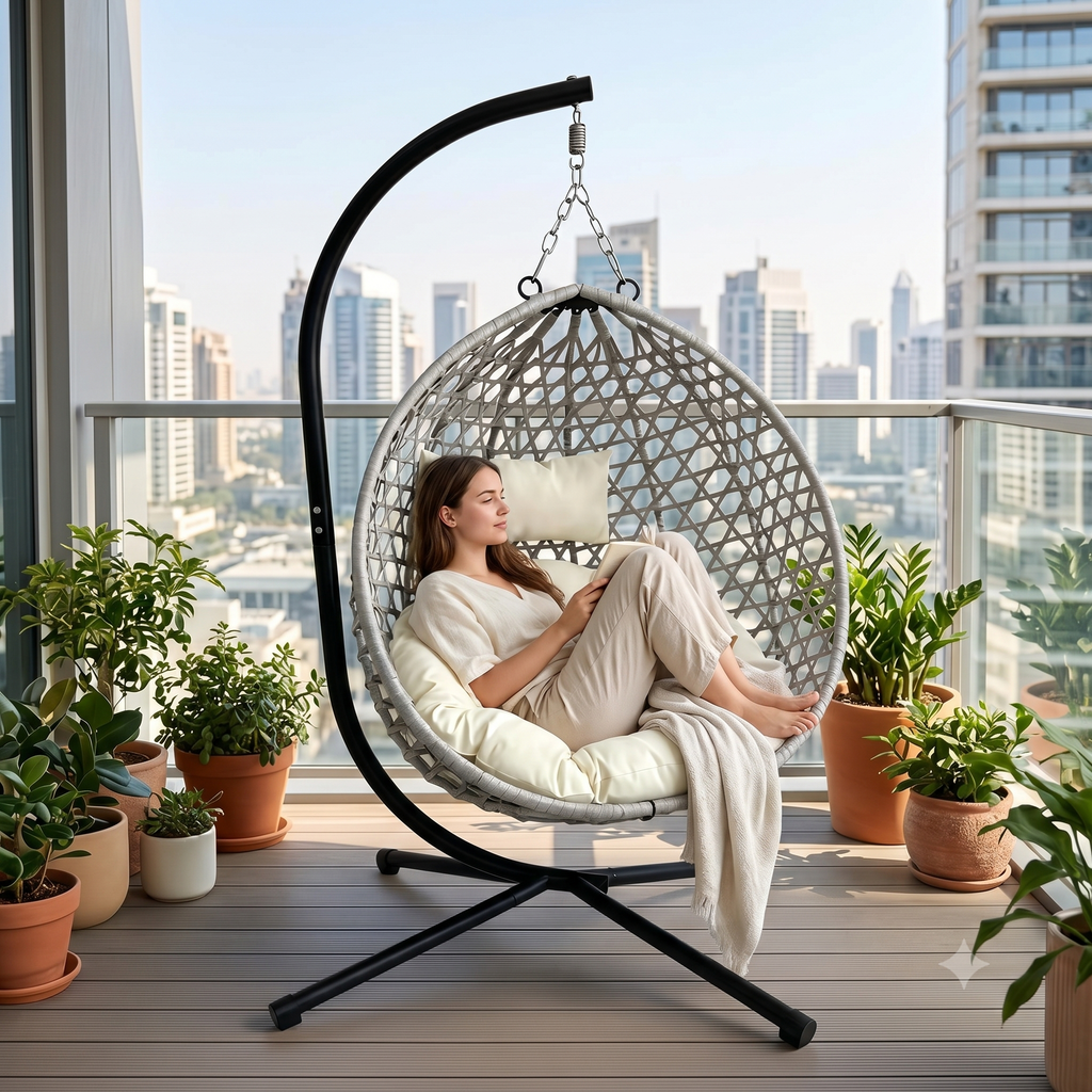 Foldable Hanging Egg Chair with Stand, HDPE Rattan Wicker