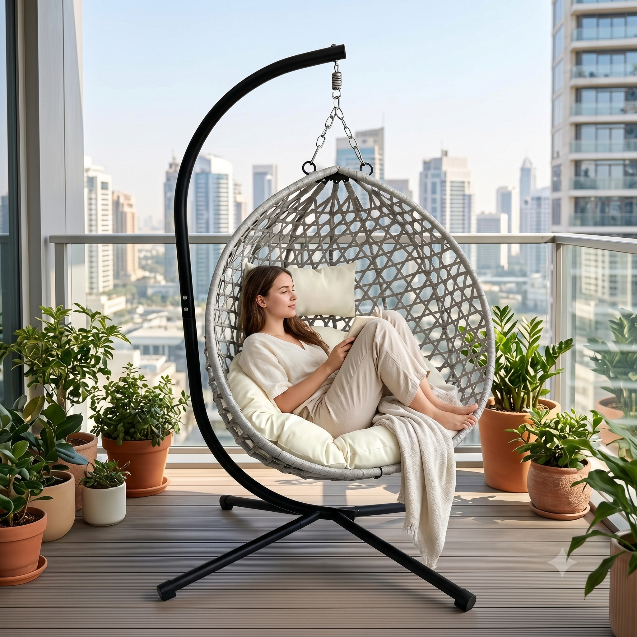 Foldable Hanging Egg Chair with Stand, HDPE Rattan Wicker