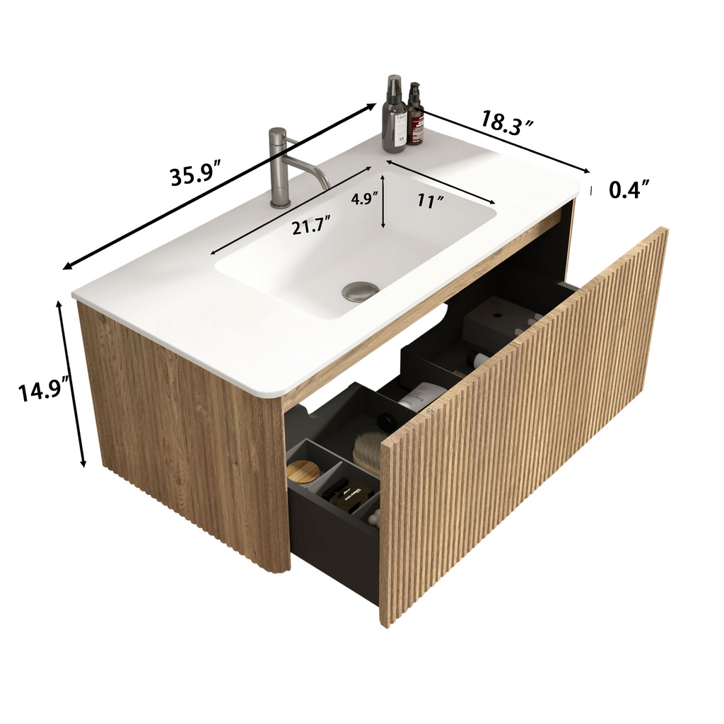 Etna 36-Inch Oak Striped Bathroom Vanity with White Solid Surface Sink