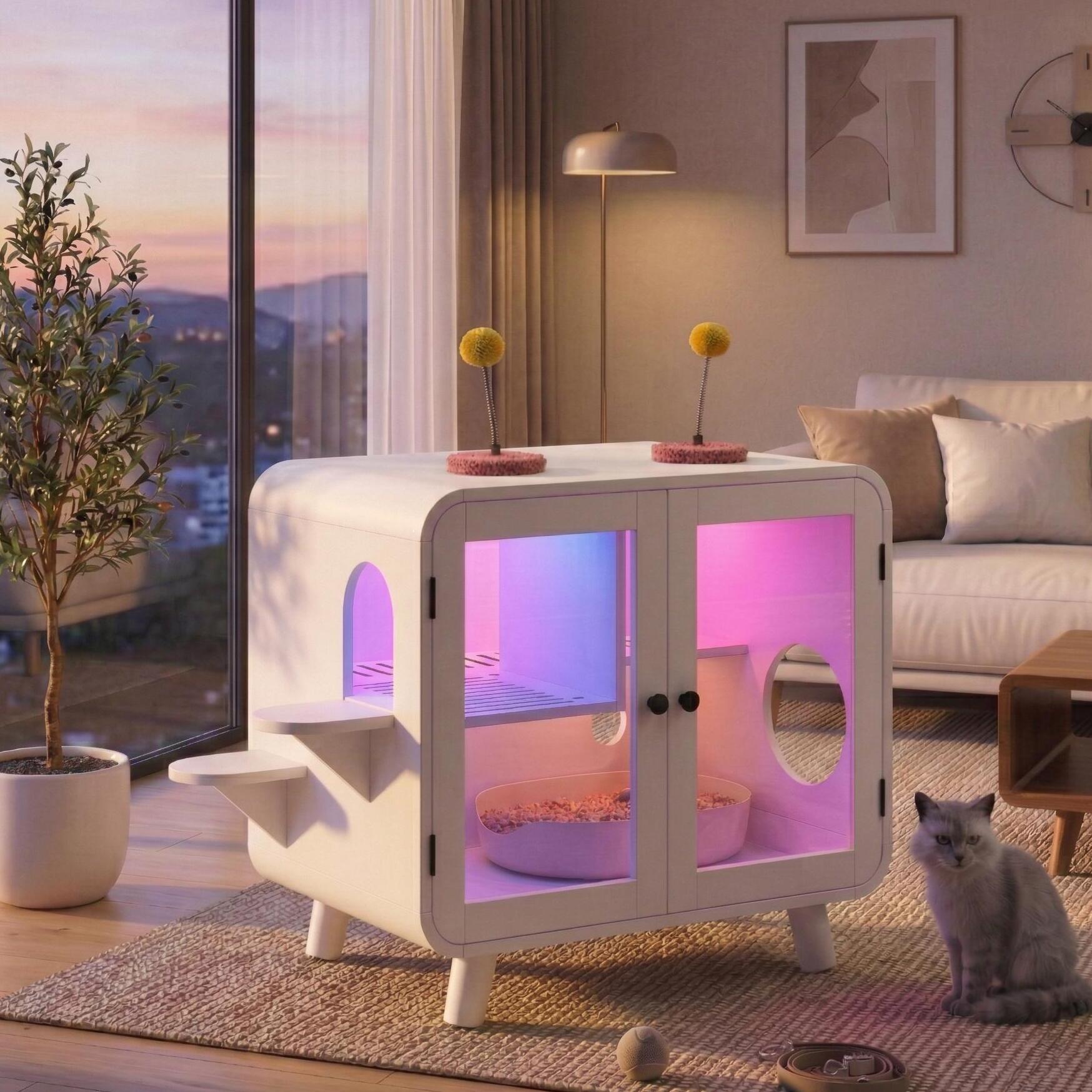 Cat Hidden Litter Box Enclosure with RGB LED Light