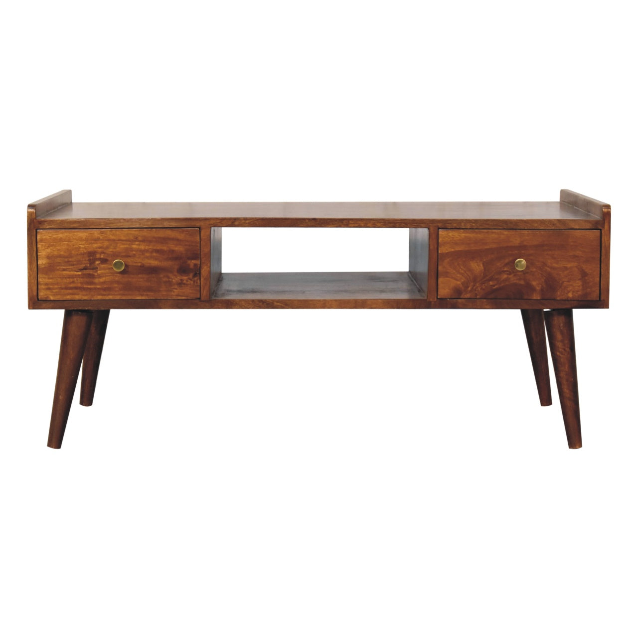 Elevated Chestnut Media Unit, 2-Drawers, 1 Open-Slot, Nordic Legs
