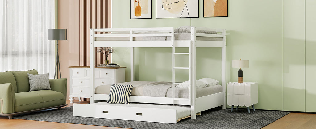 Wood Queen Size Bunk Bed with Ladder and Trundle