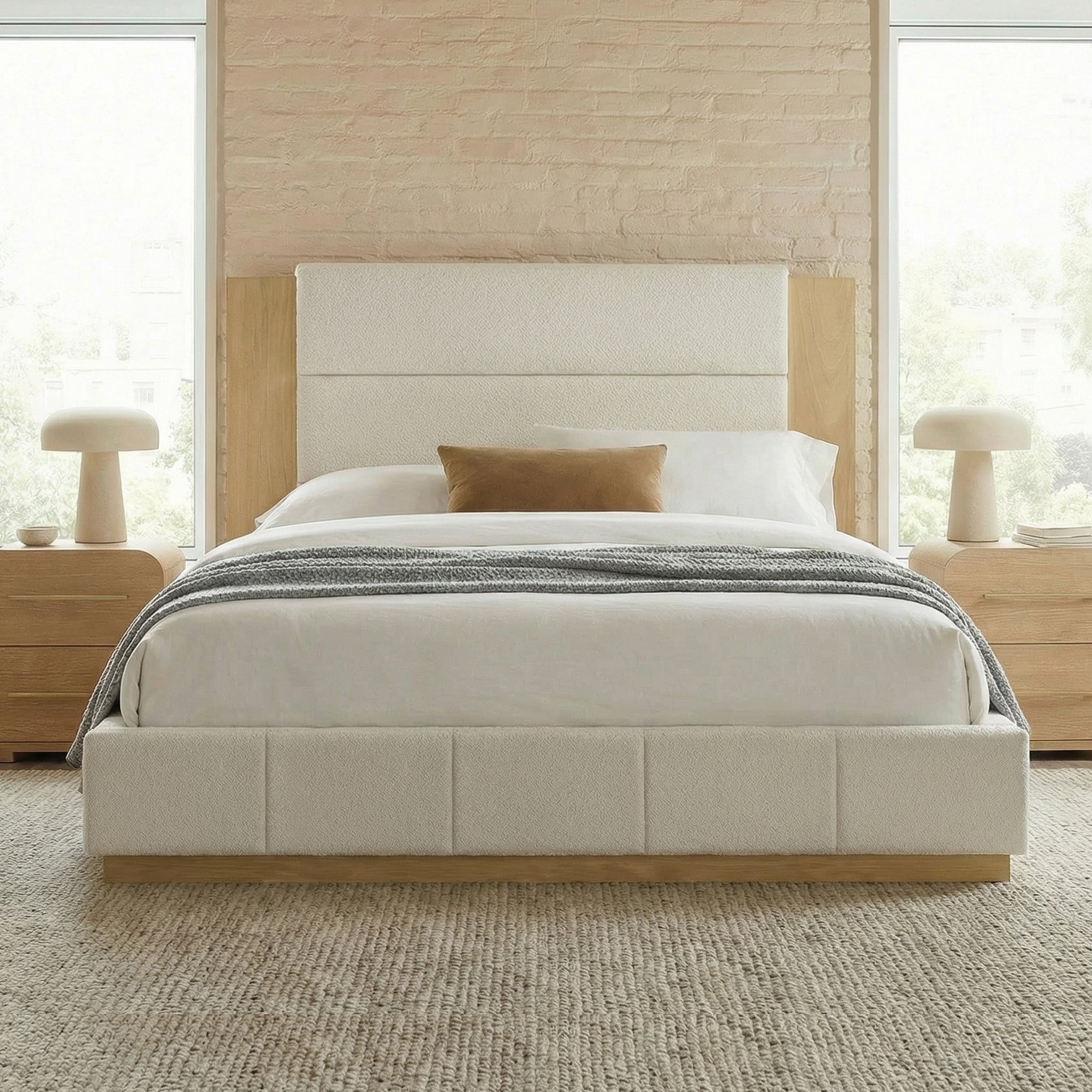 Upholstered Platform Bed Frame with Extended Wood Headboard
