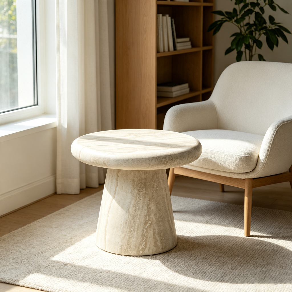Round Fiberglass Travertine Print Coffee Table, 21.65-Inch, Low Profile