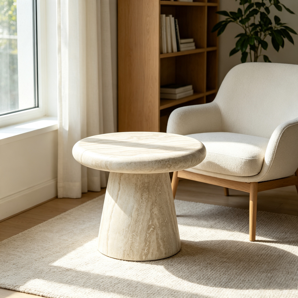 Round Fiberglass Travertine Print Coffee Table, 21.65-Inch, Low Profile