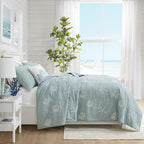 4 Piece Cotton Reversible Embroidered Quilt Set with Throw Pillow - Aqua King/Cal King