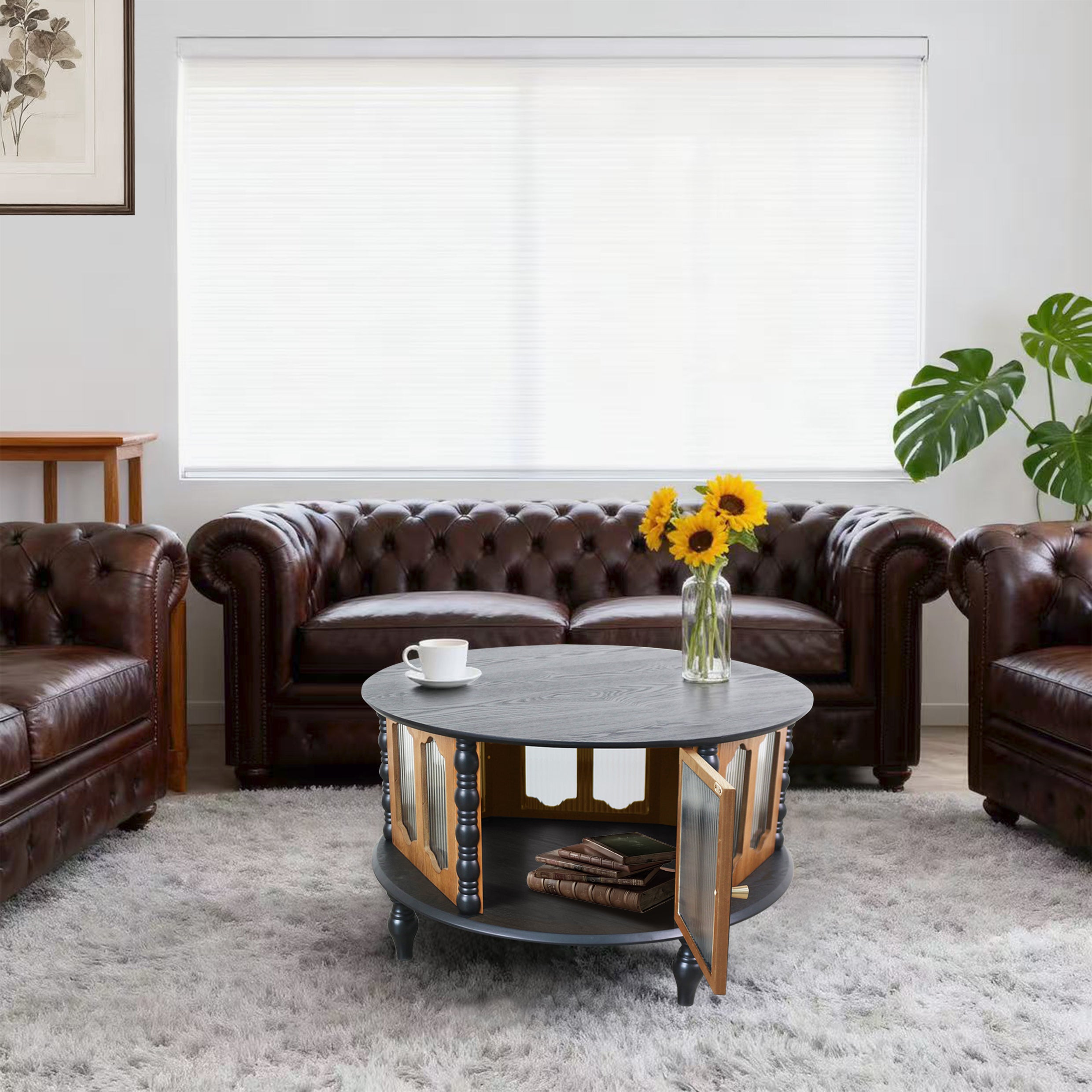 31.5" Round Wooden Coffee Table With Storage