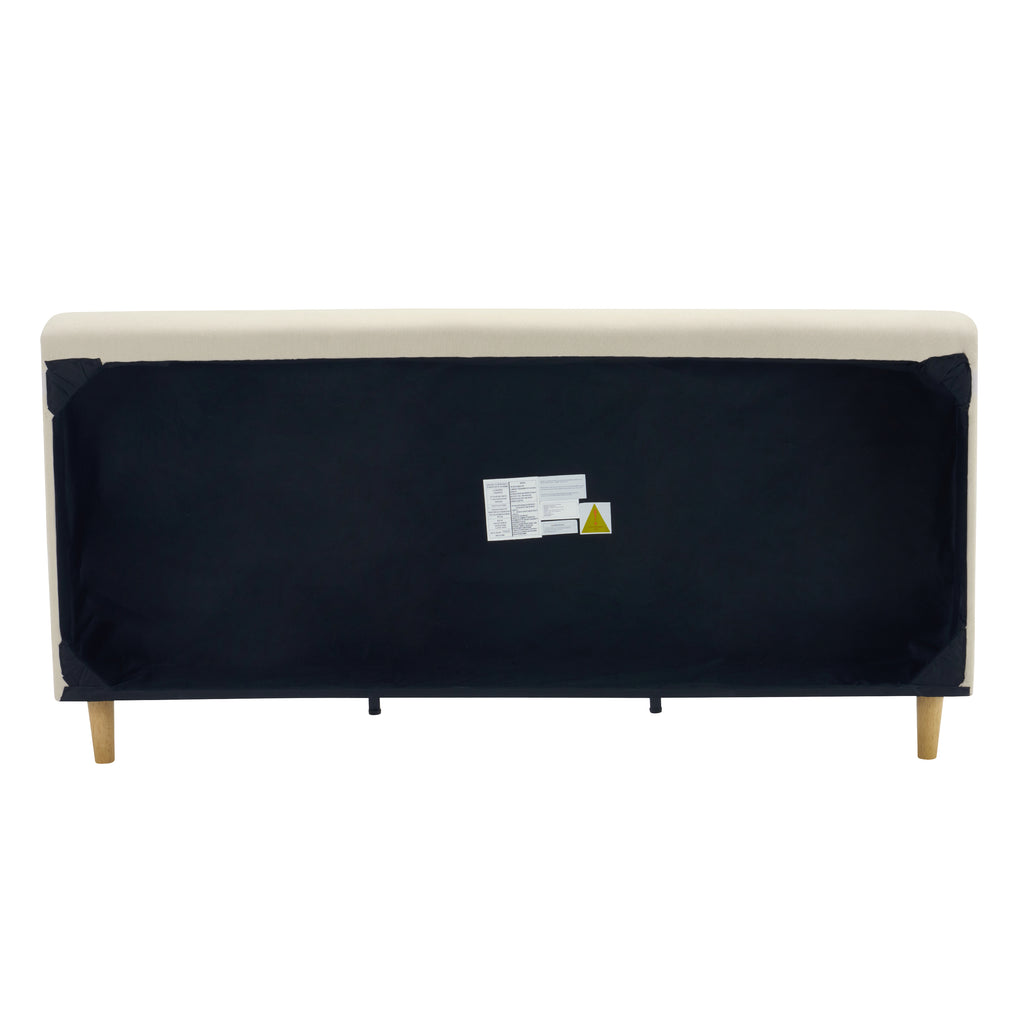 Beige Chunky Headboard Bed Frame, Solid Rubberwood Legs, Cal-King