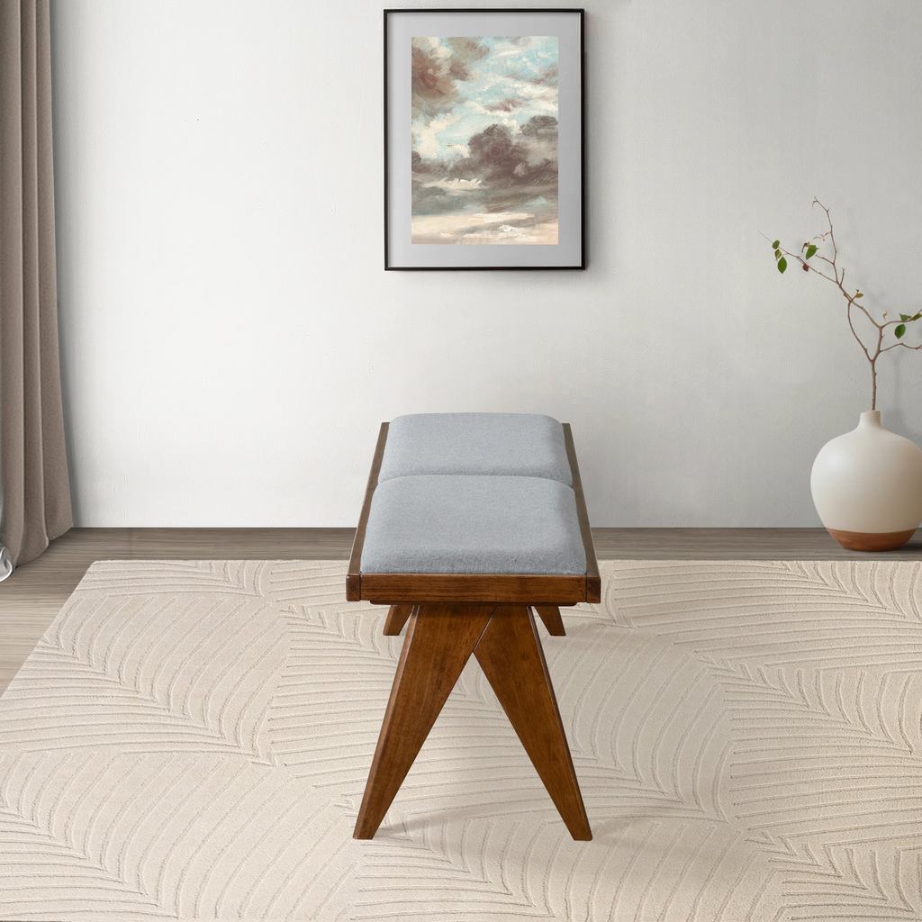 Keira Solid Wood Bench with Grey Fabric