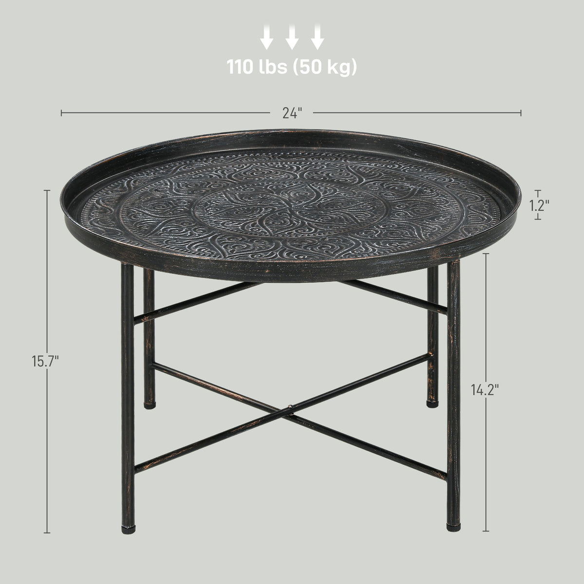 HOMCOM 24-Inch Round Coffee Table with Hammered Tray Top, Pewter