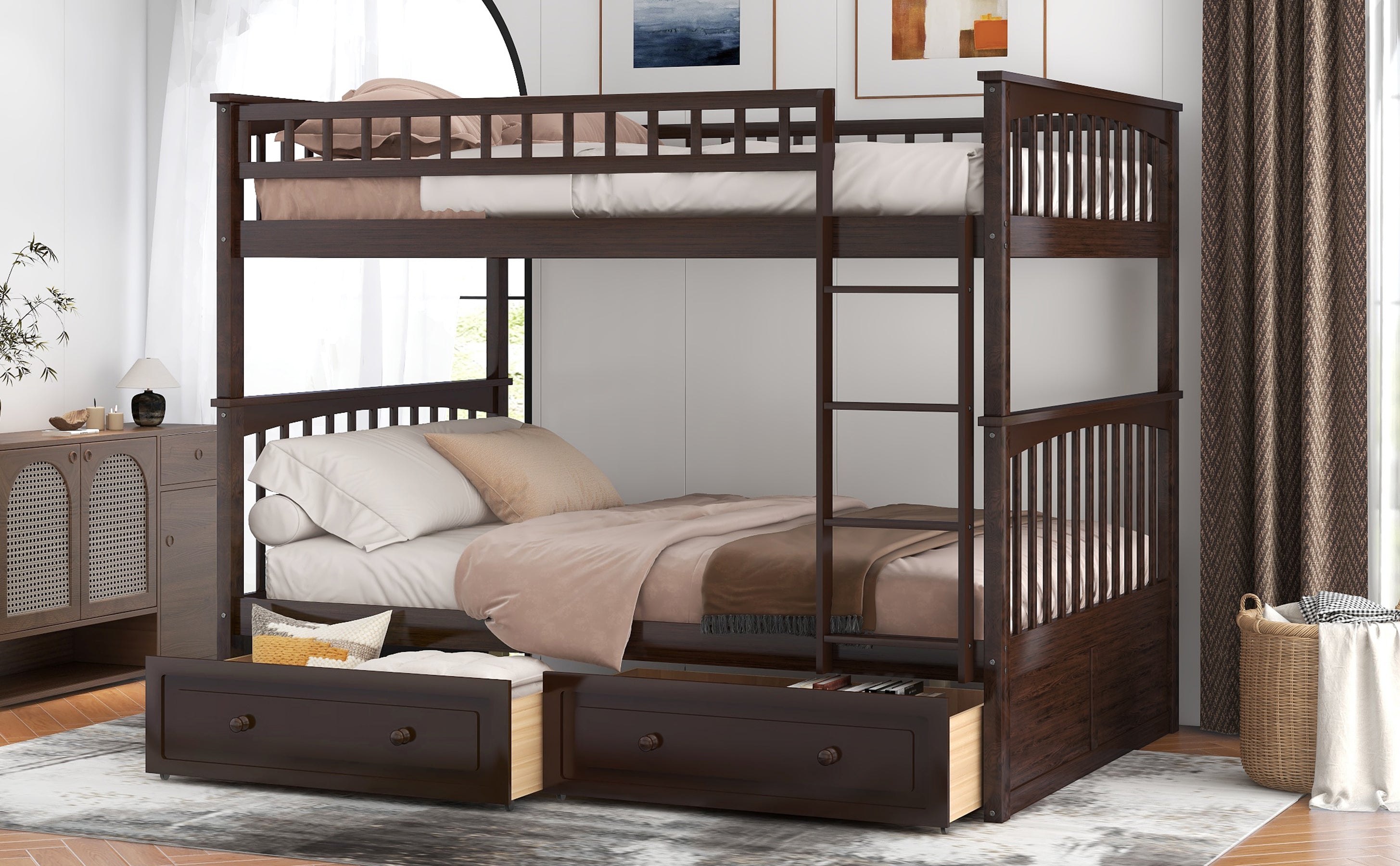 Full Over Full Bunk Bed with Drawers, Convertible Beds