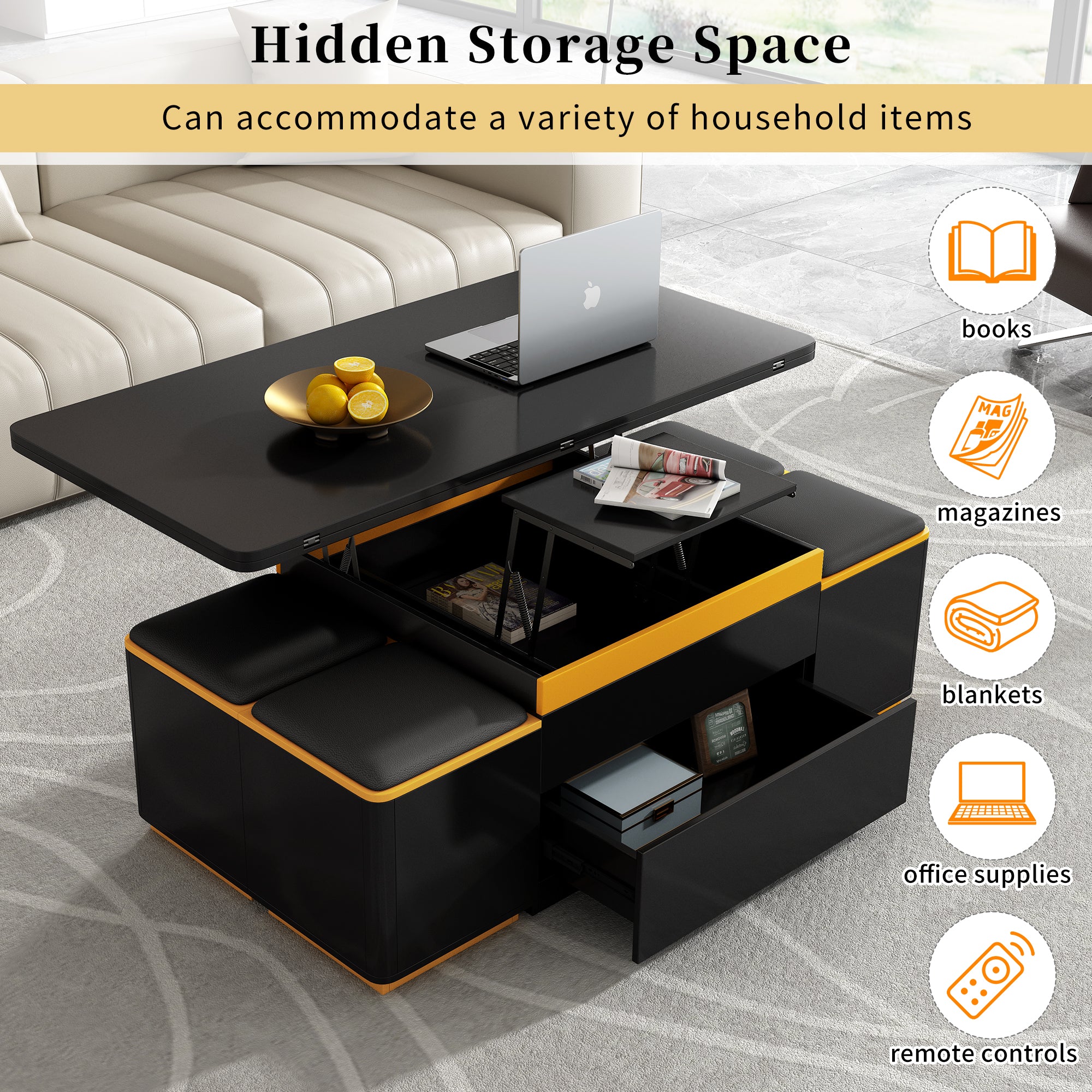VIBE HAUS Lift-Top Coffee Table with Storage Stools