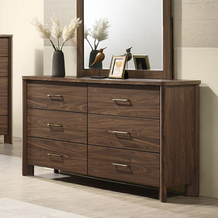 Walnut Color Dresser 6-Drawers Bedroom Furniture Solid wood Mid-Century Modern Rounded Edges 1pc