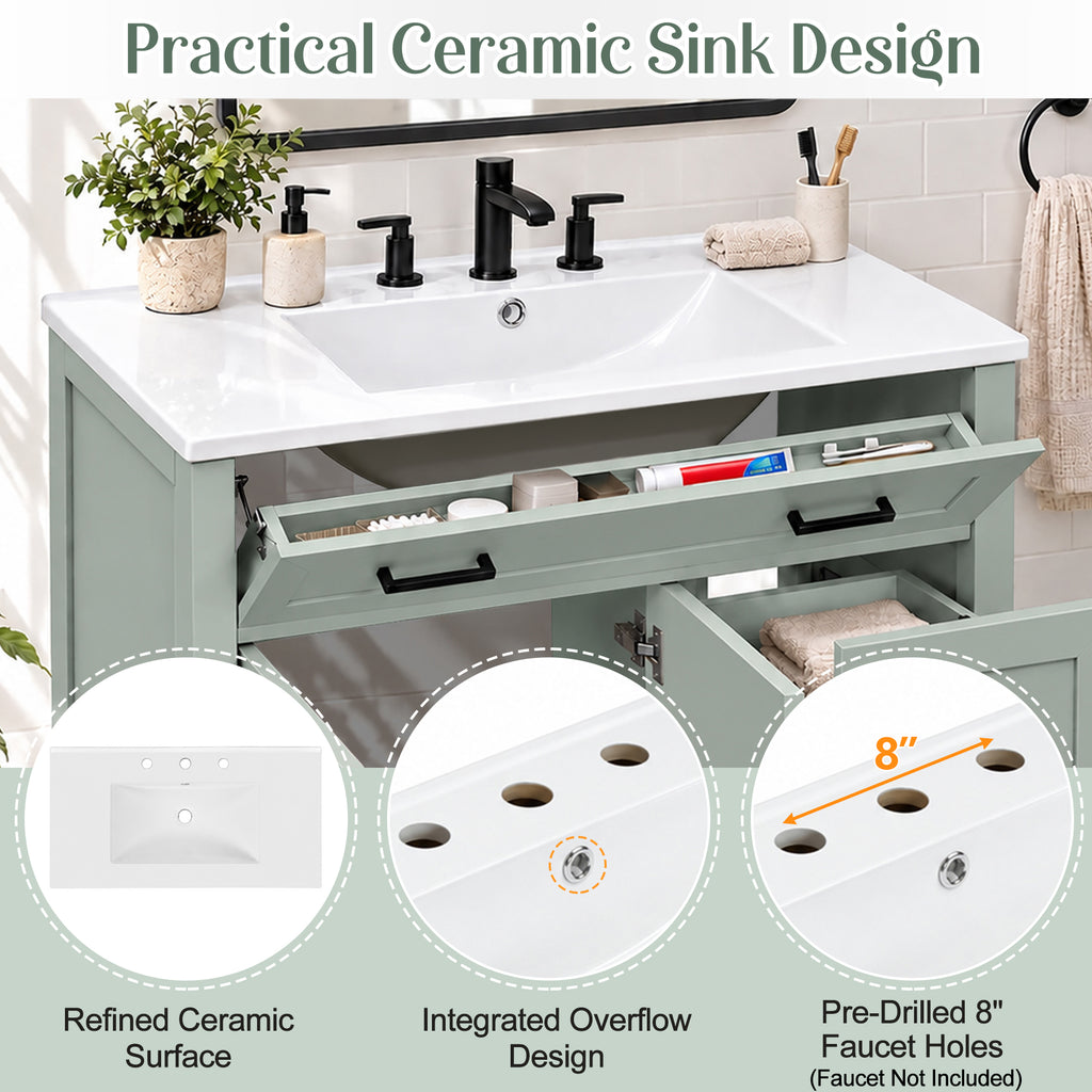 36-Inch Bathroom Vanity with Ceramic Sink, Soft-Close Doors, Sage Green