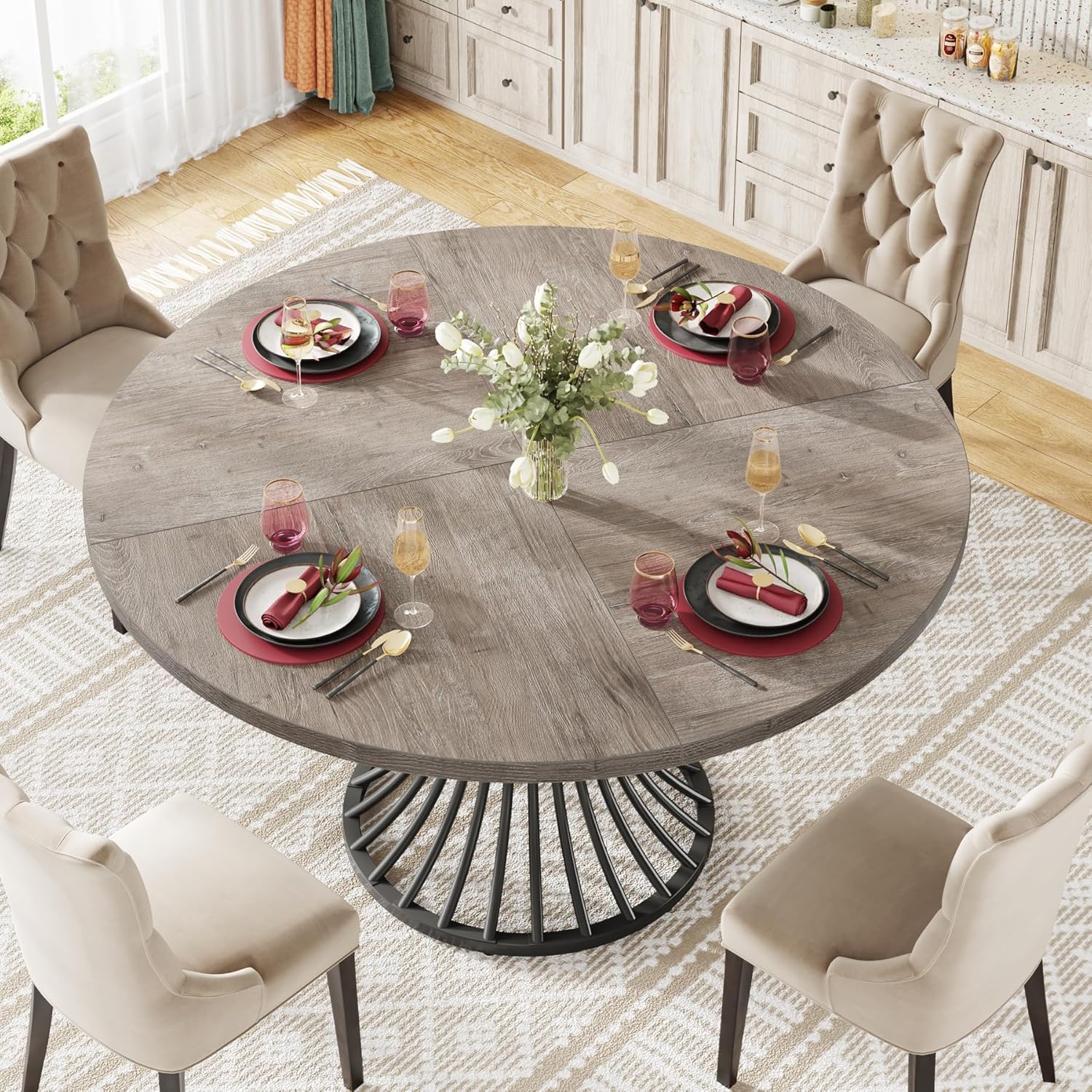 47" Farmhouse Round Dining Table for 4-6