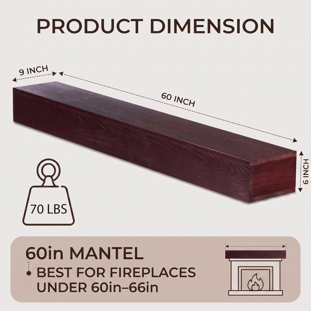60-Inch Fireplace Mantel Floating Shelf, Solid Pine Wood, Dark Walnut
