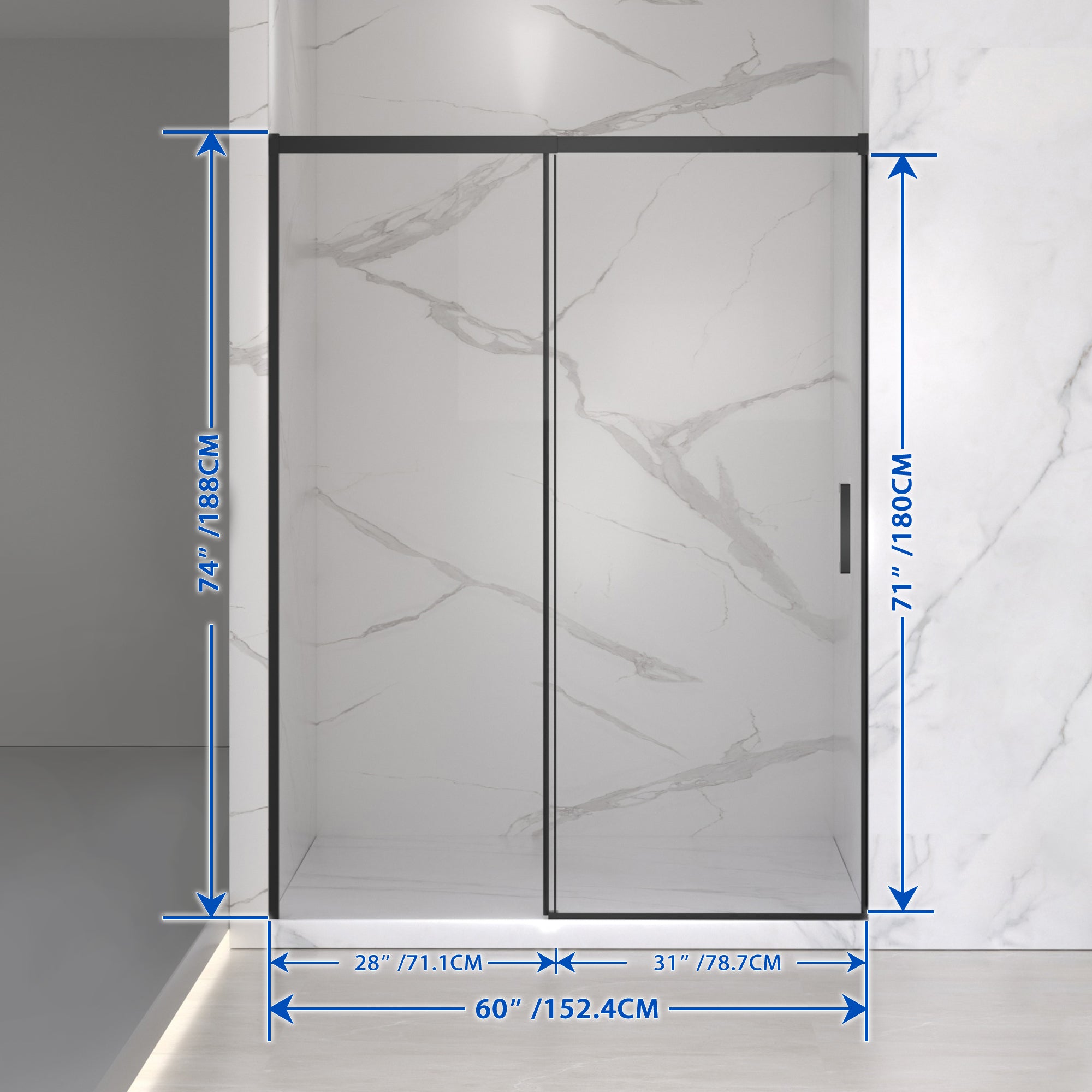 Semi-Frameless Sliding Shower Door, 56-60" W x 74" H