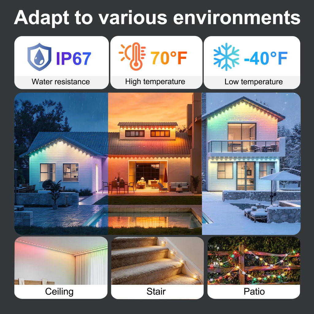 50ft Smart RGB Outdoor Lights with 30 LED Eaves Lights