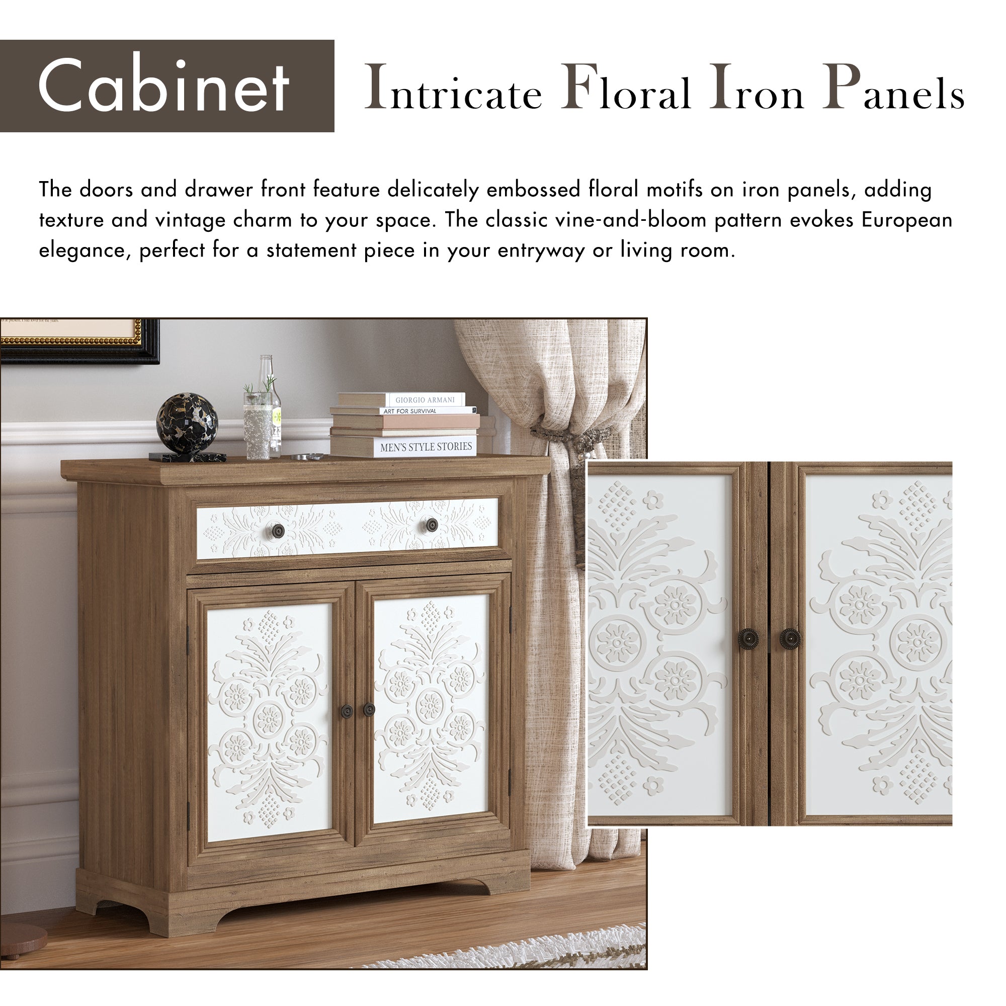 Rustic Vintage Accent Cabinet with Carved Floral Panels