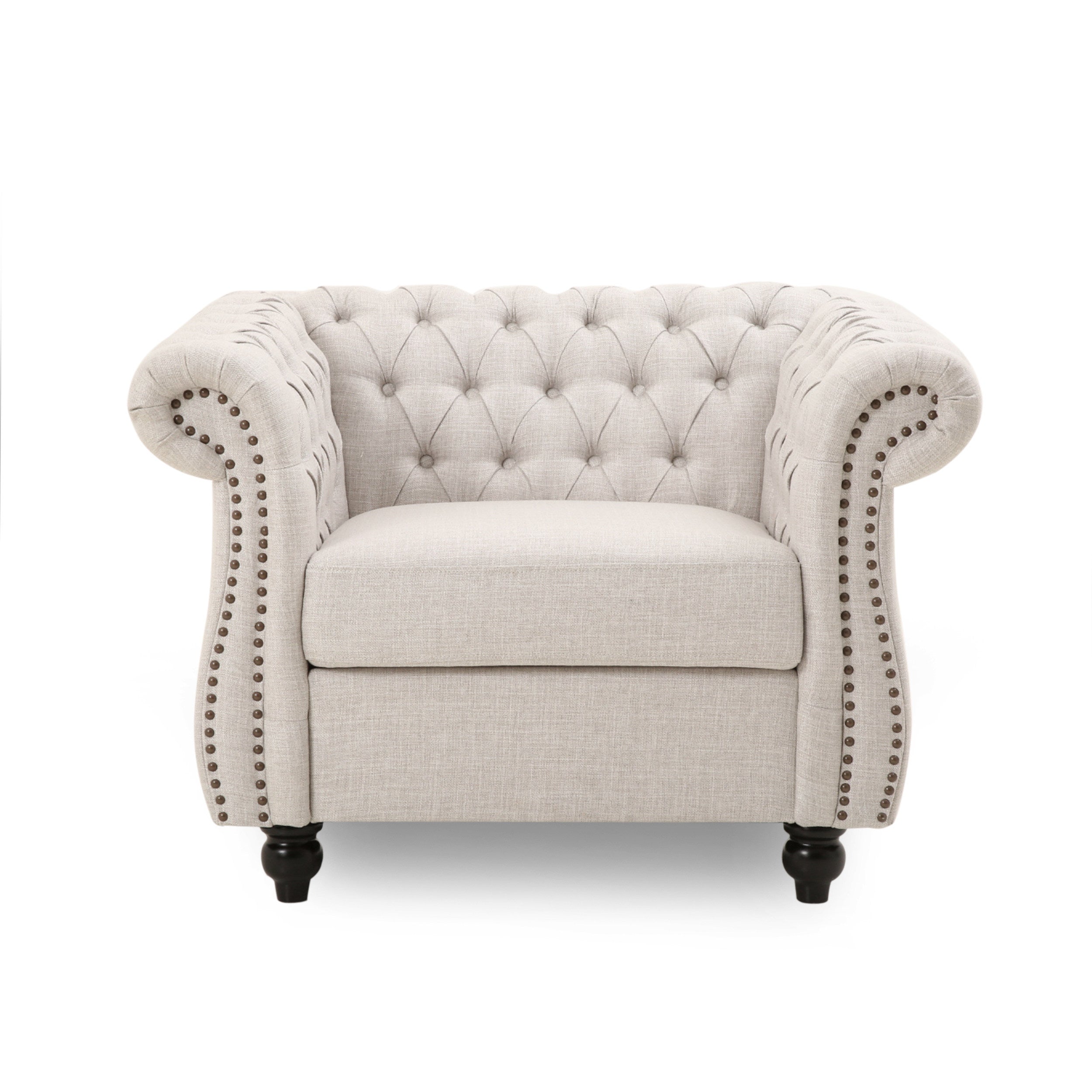 Chesterfield Club Chair Velvet Fabric Beige with Birch Wood Legs