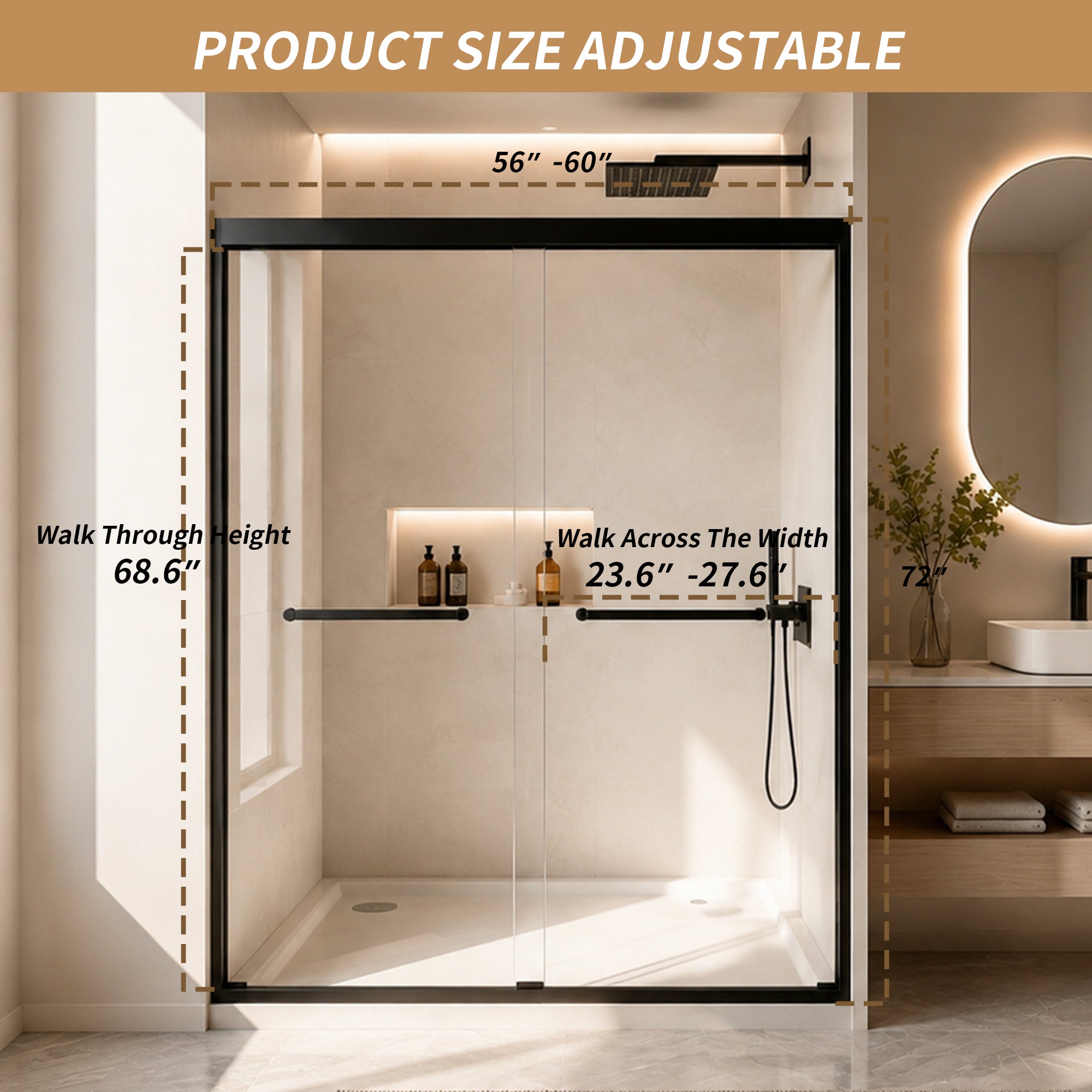 56-60" W × 72" H Tempered Glass Aluminum Frame Double Sliding Shower Door