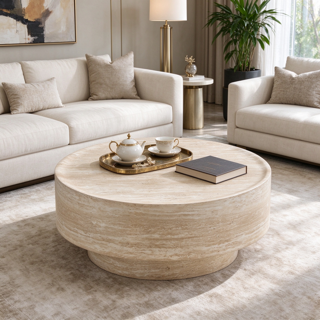 Round 35.43-Inch Coffee Table, Travertine-Look Fiberglass, Beige Yellow