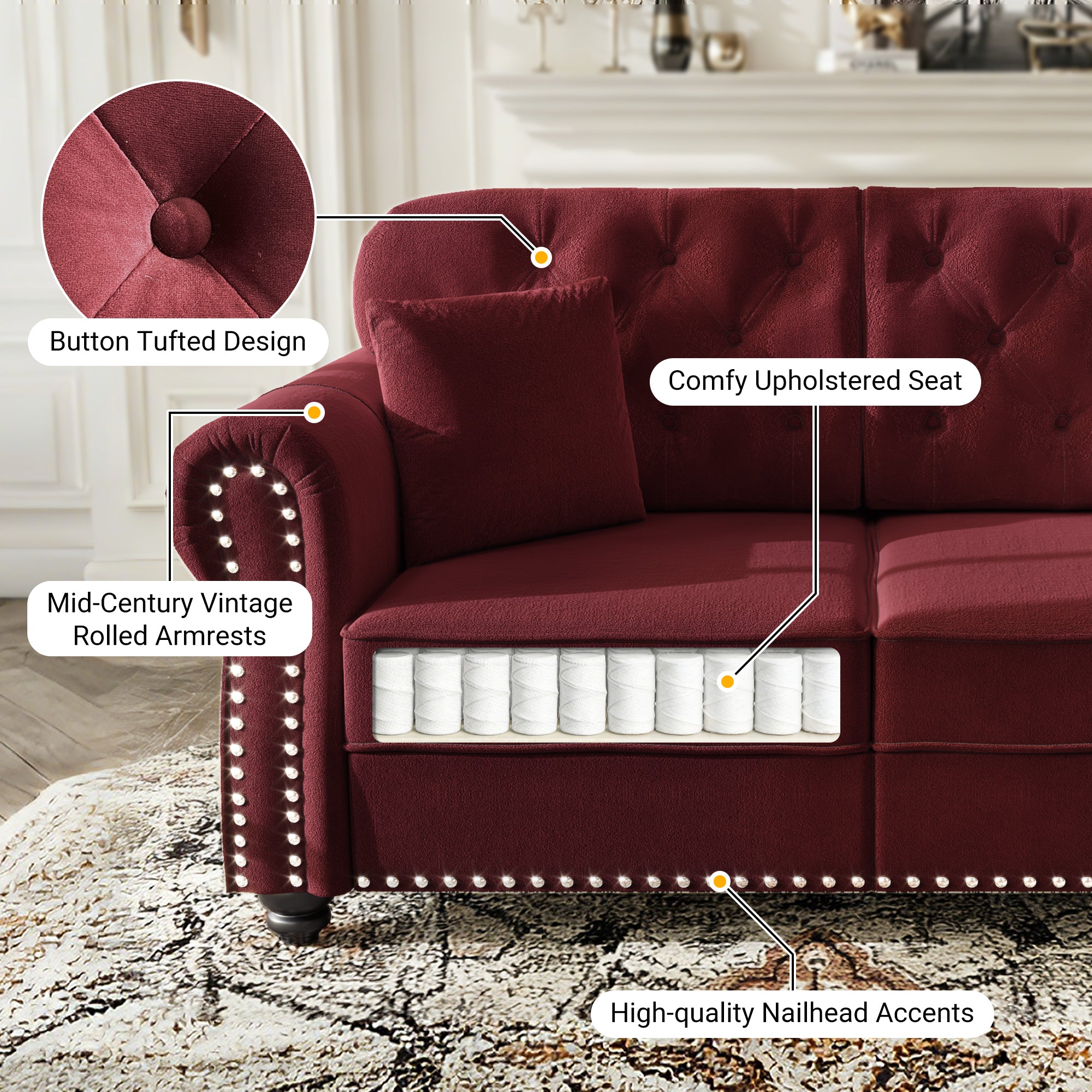 41.3" Upholstered Velvet Sofa with Nailhead Trim