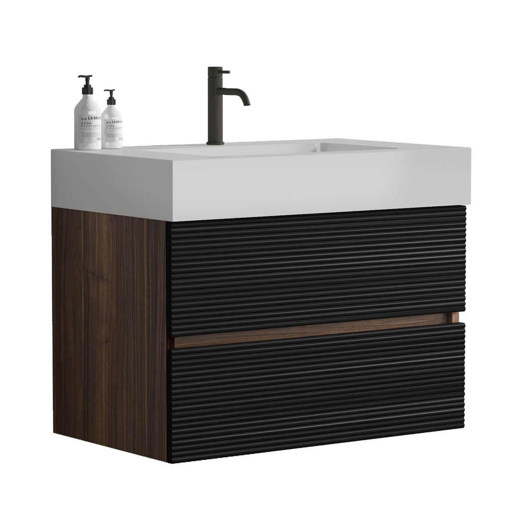 Grace 30-Inch Wall-Mount Bathroom Vanity, Glossy White Solid Surface Sink, Black Drawers