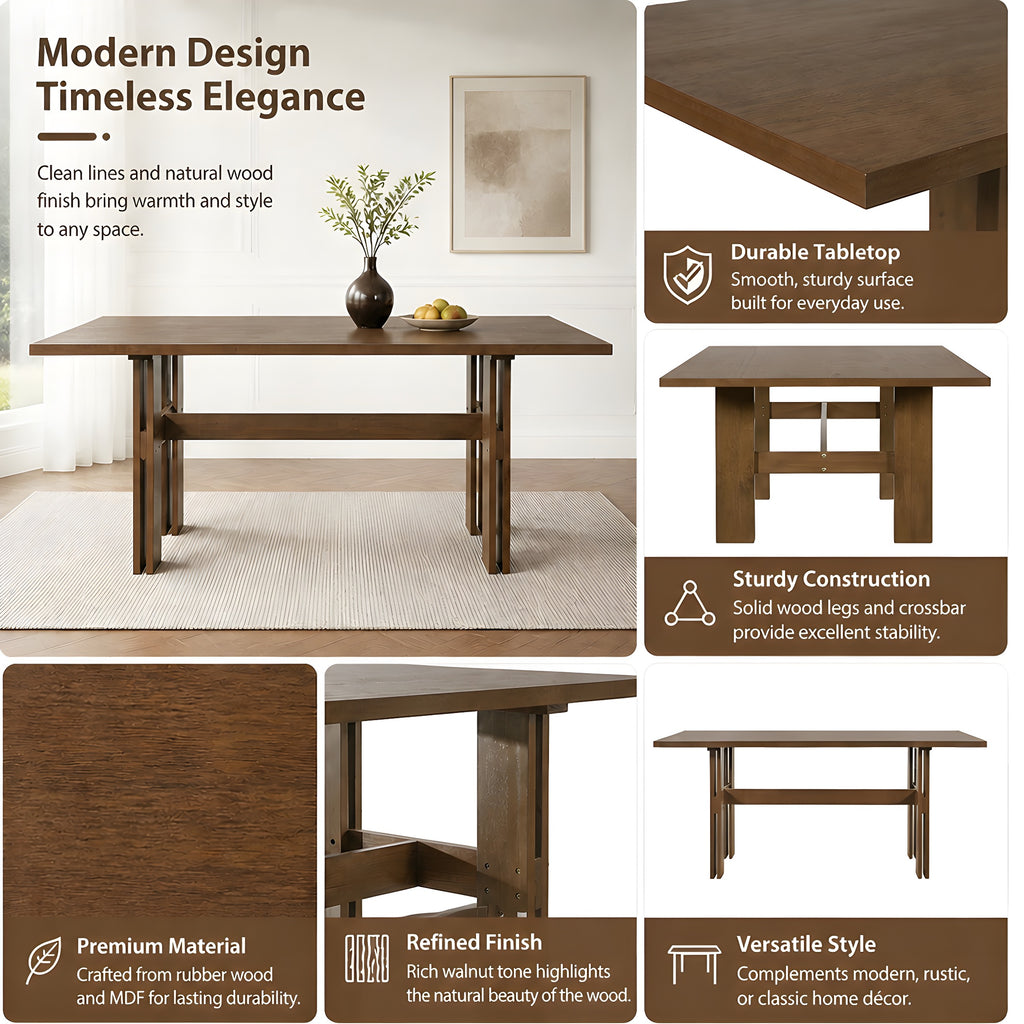 7-Piece Dining Table Set, 71" Rectangular Rubber Wood Dining Table with 6 Upholstered Arm Chairs