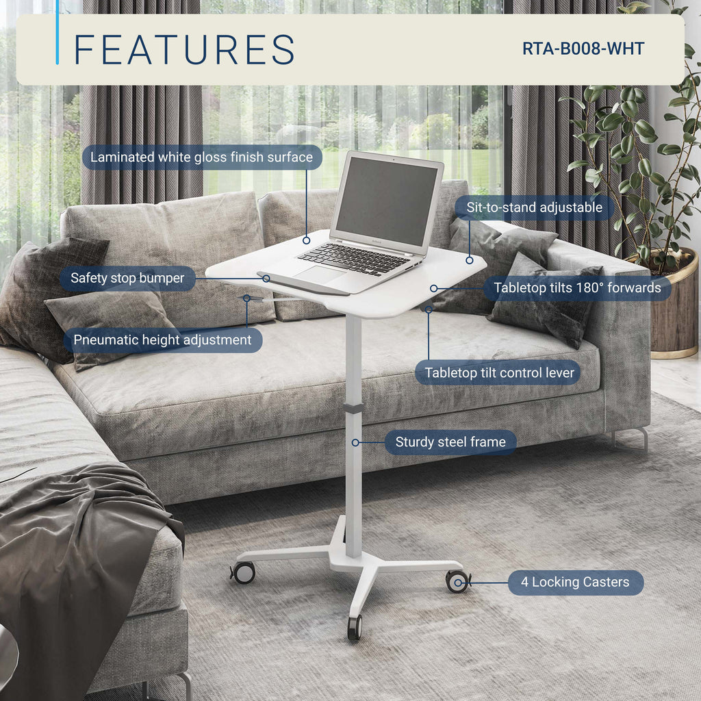 Techni Mobili White Sit to Stand Mobile Laptop Desk, Height Adjustable
