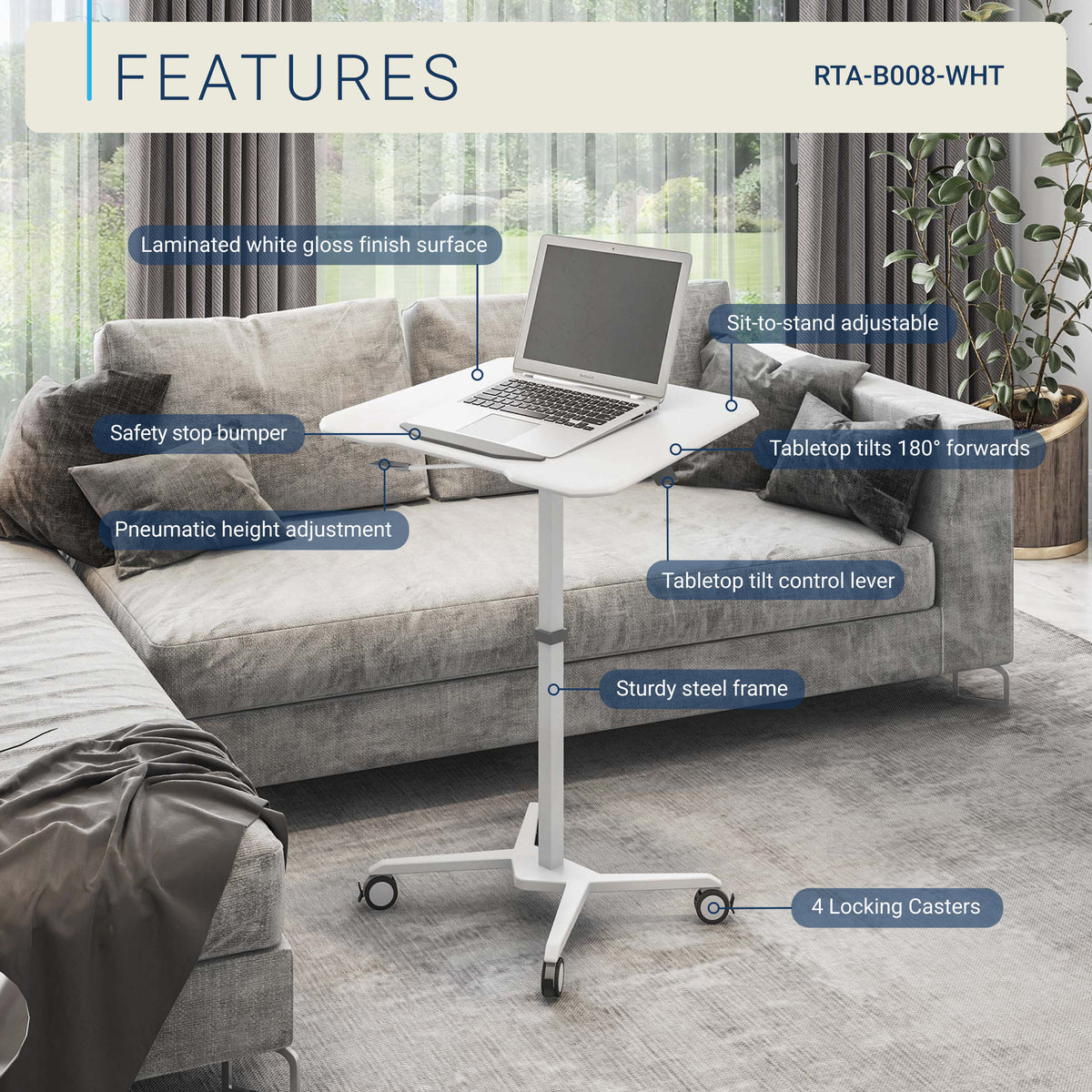 Techni Mobili White Sit to Stand Mobile Laptop Desk, Height Adjustable