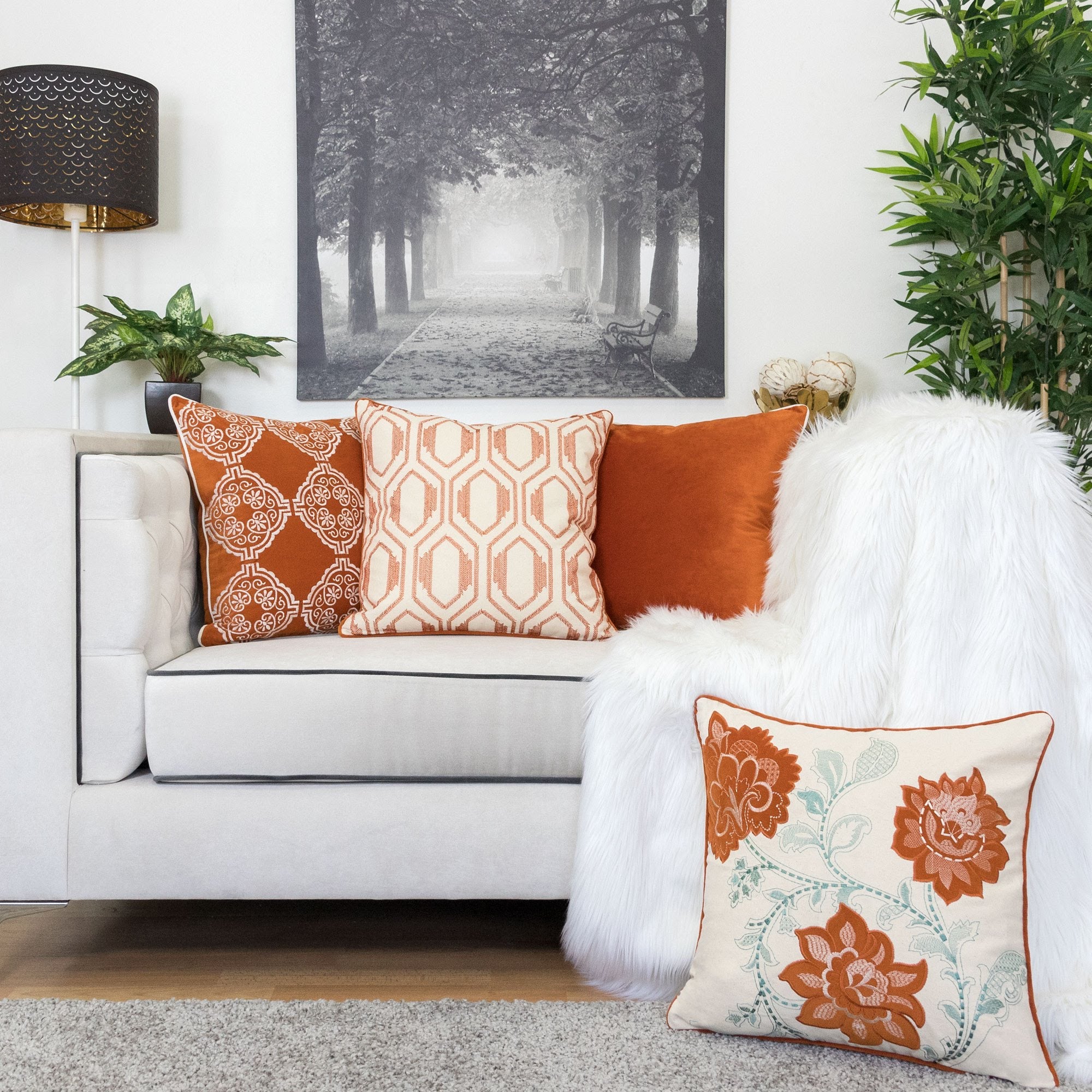 Geometric Embroidered Cotton Throw Pillow