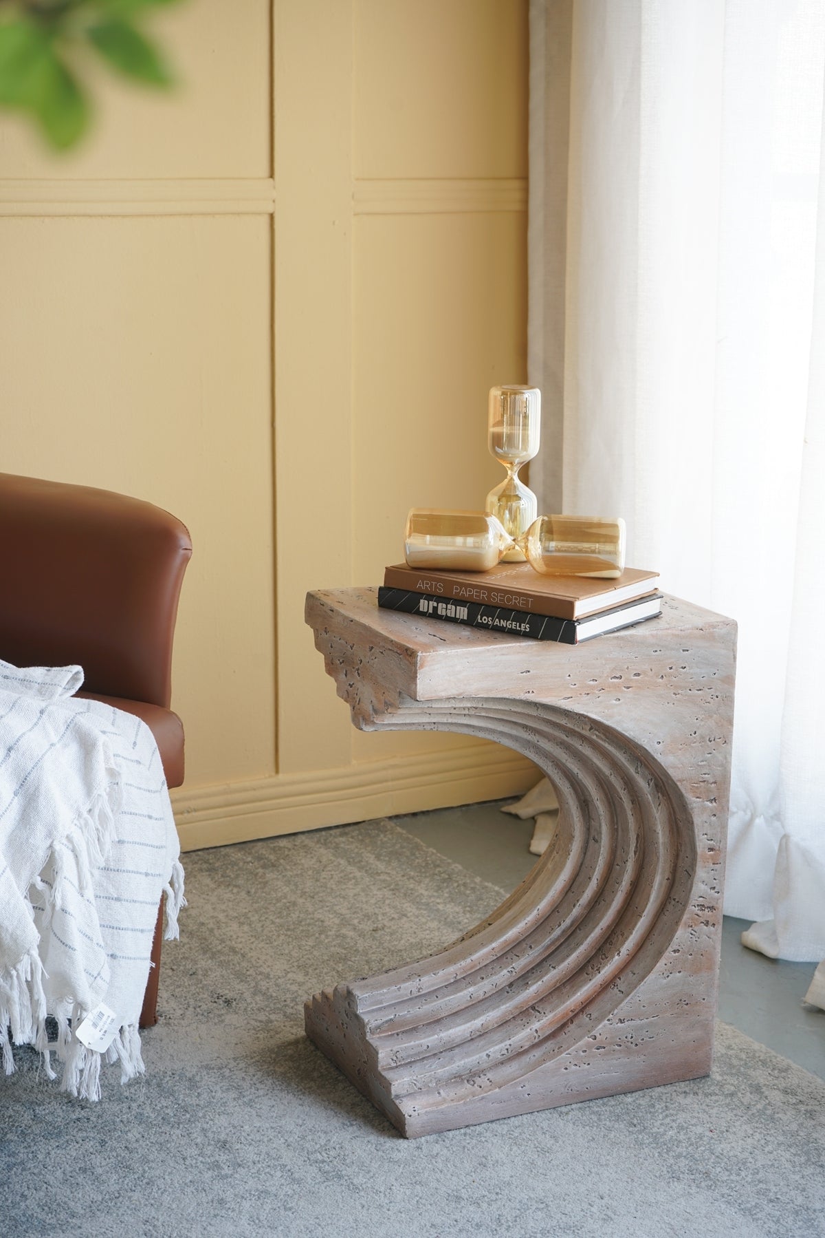 16.3x12.2x22.6 Modern Sculptural Arched Side Table with Faux Travertine Finish