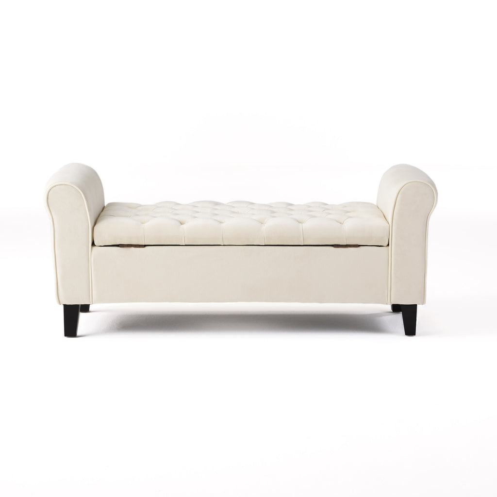 Ivory Fabric Storage Bench With Rolled Arms