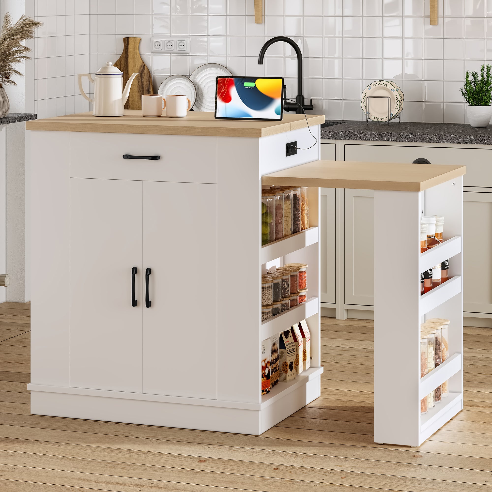 Extendable Island Console with Drawers, Double-Door Cabinet & Open Shelving