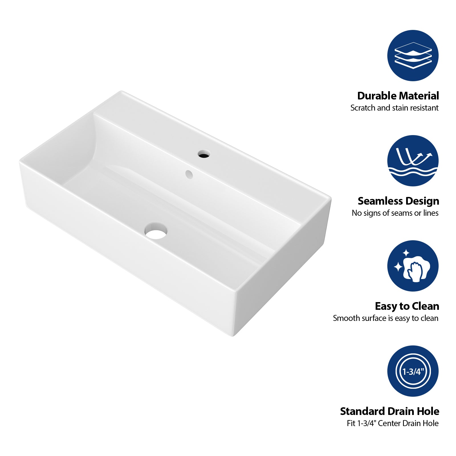 21"x12" Wall-Mounted Rectangular Ceramic Bathroom Sink