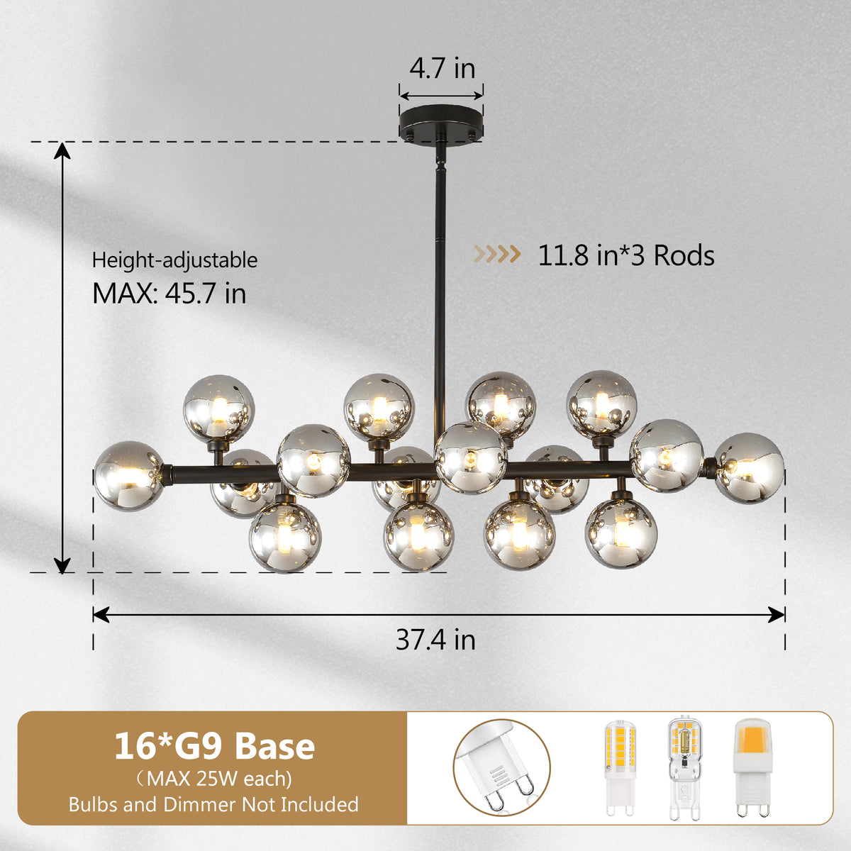 Pendant Lamp with Smoke Grey Glass Shade, 16-Light, Matte Black