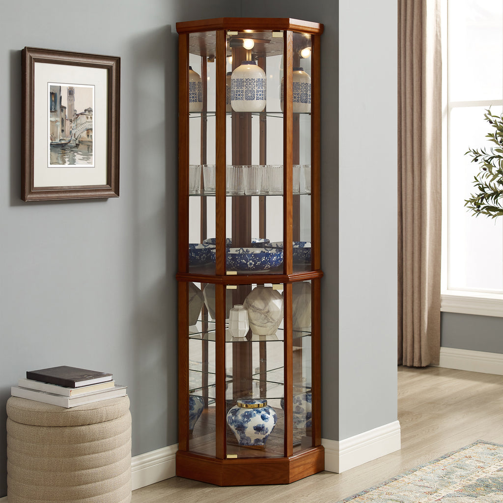 6 Shelf Lighted Corner Curio Cabinet with Adjustable Tempered Glass Shelves