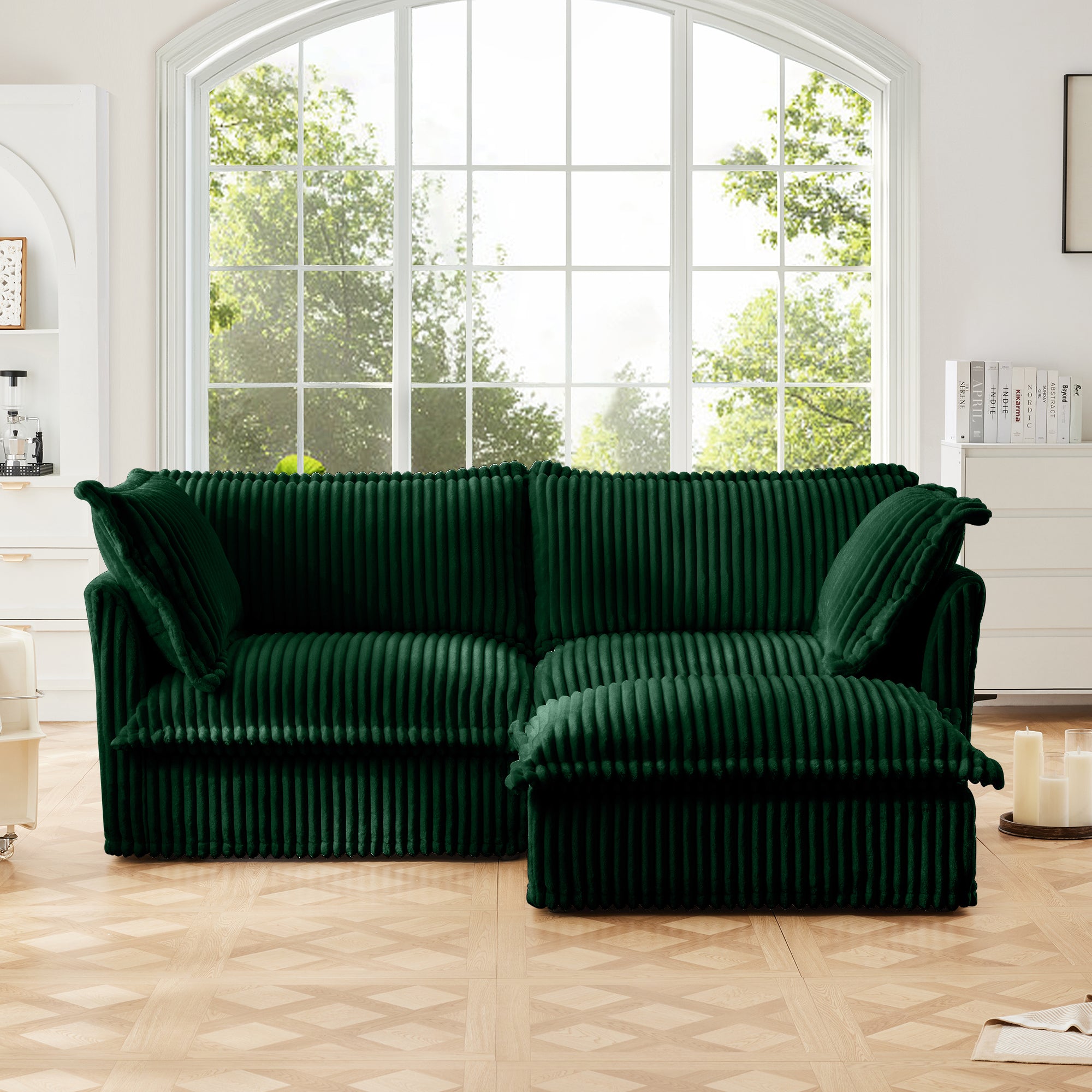 Slipcovered Sectional 2 Seater Sofa Couch with Convertible Ottoman