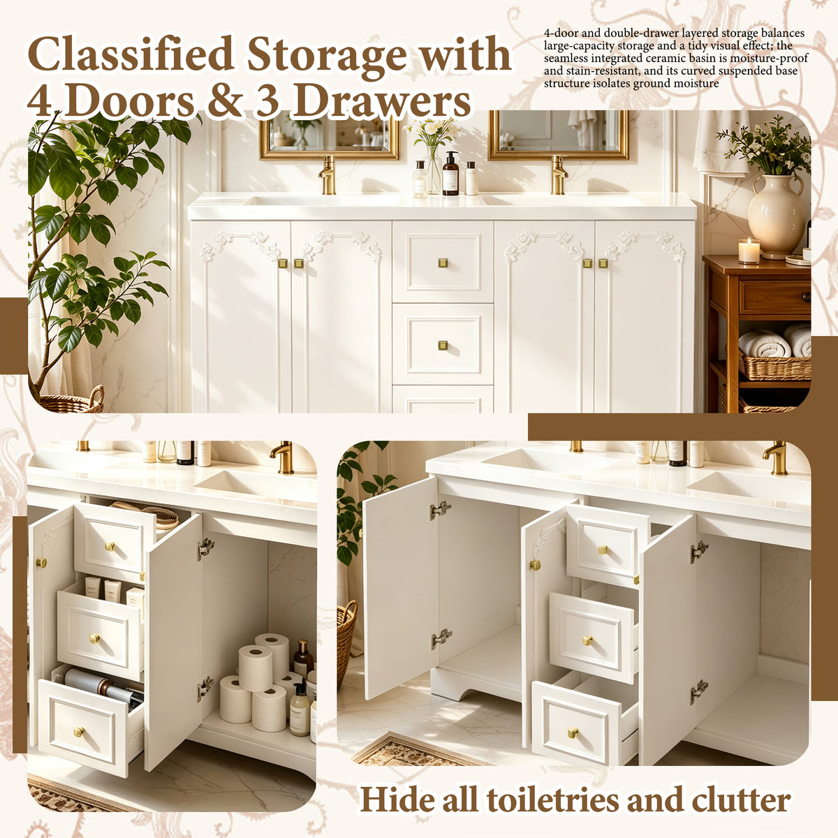 60" White French-Style Bathroom Vanity Cabinet