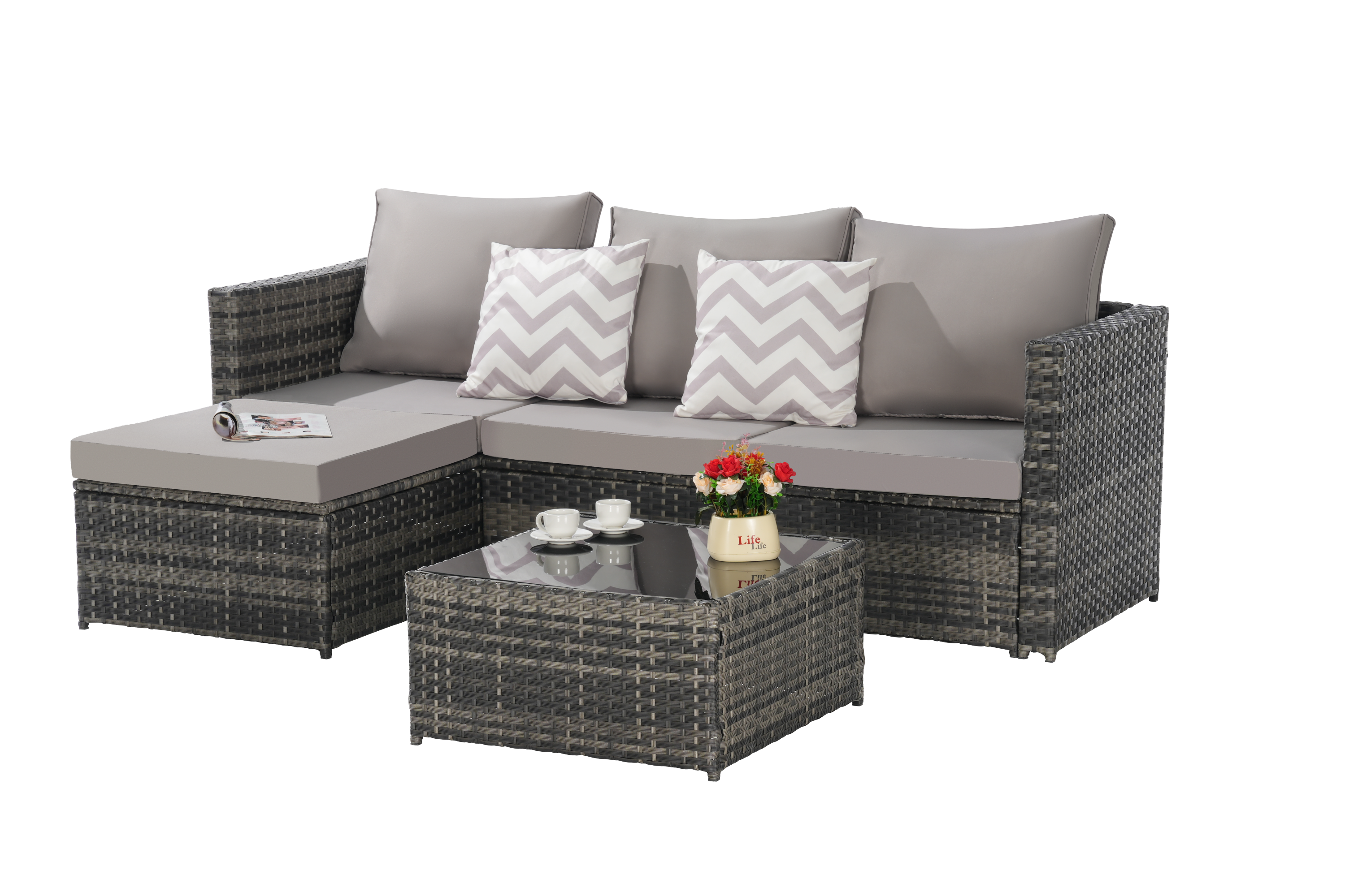 2 Pieces Patio Furniture Set with Woven Sectional and Ottoman