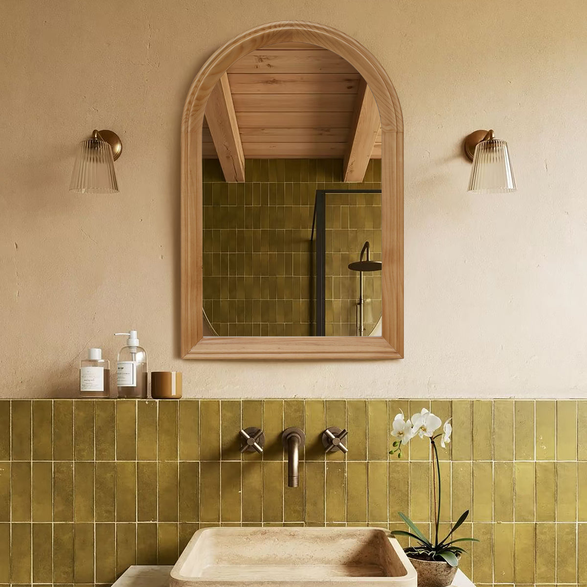Arched Wood Framed Wall Mirror, 35.43" H x 23.62" W Rustic Decorative Mirror for Bathroom/Vanity/Living Room (Natural