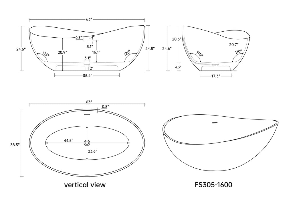 63" Premium Solid Surface Deep Soaking Bathtub